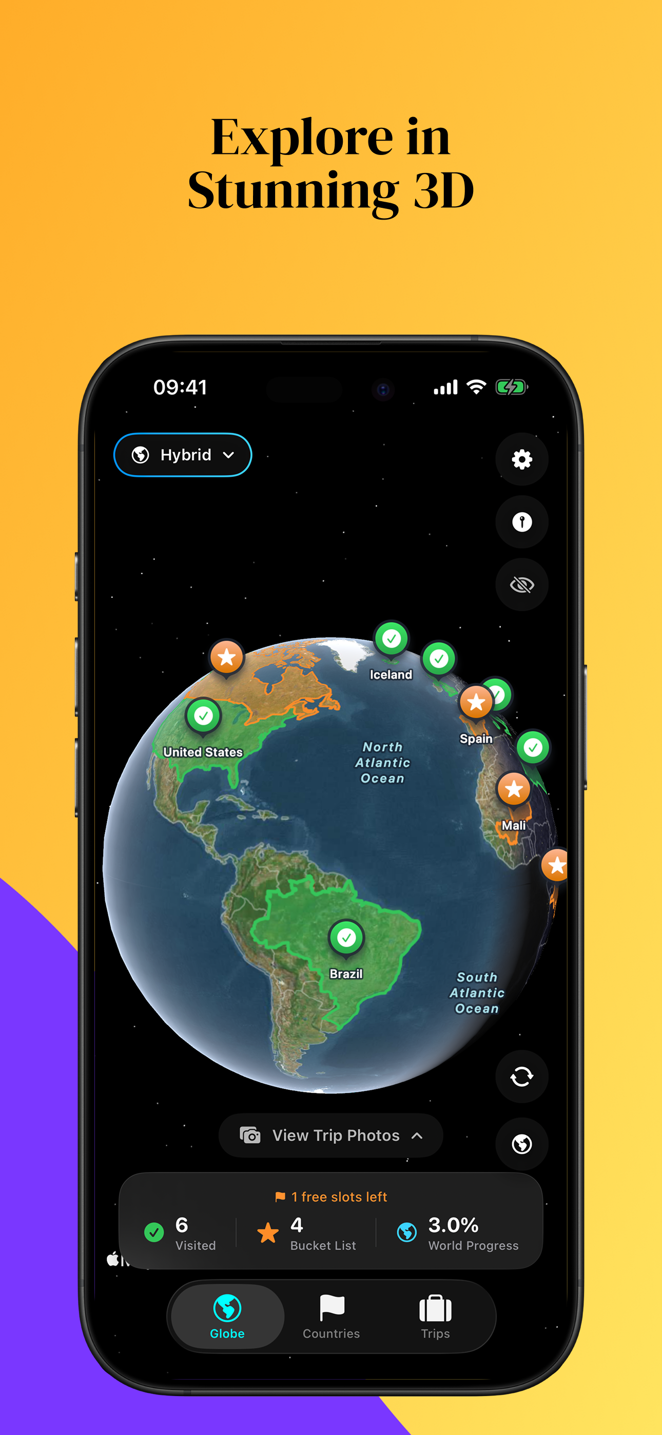 Worldmarks app: list of visited countries with progress